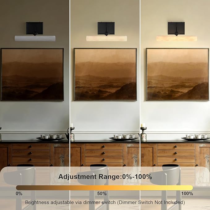 2-Pack 12" Alabaster Picture Light, Black Hardwired Wall Sconce Bathroom Mirror & Paintings, Adjustable Vanity Light Natural Alabaster LED Light Fixture for Hallway Bedroom Living Room