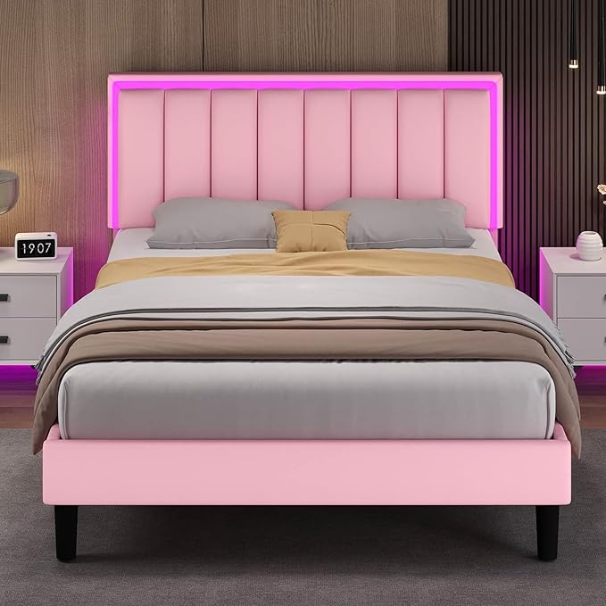 Full Size Bed Frame Pink, Upholstered Bed Frame Full with Headboard and LED Lights, Faux Leather Upholstered, Heavy Duty Wood Slats Support, Noise-Free, No Box Spring Needed, Easy Assembly, Pink