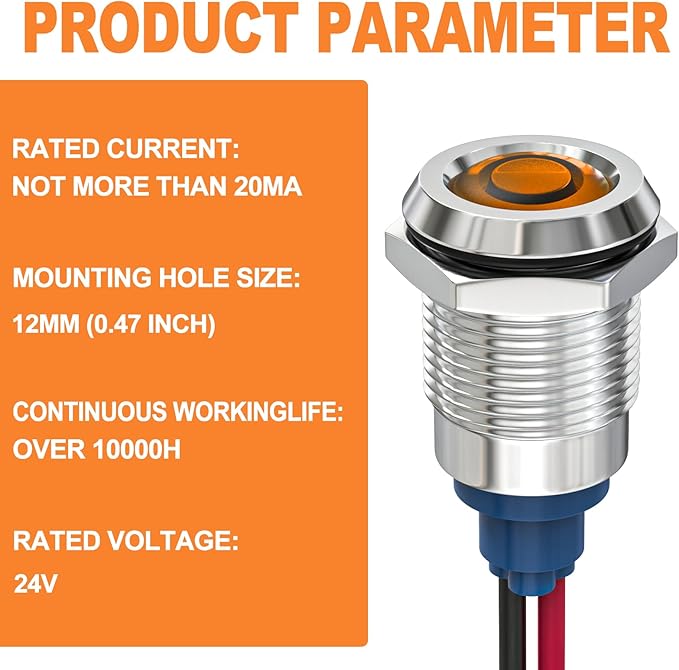 GASHER 5 PCS Energy Saving Indicator Light, LED Light 12V/24V/110V 20mA Panel Mount Light, Mounting Hole Size 12mm(1/2 inch) Yellow LED (24V)
