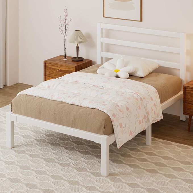 Twin Size Bed Frame, Metal Platform Bed Frame with Headboard, Mattress Foundation with Spacious Underbed Storage, No Box Spring Needed, Easy Assembly, White