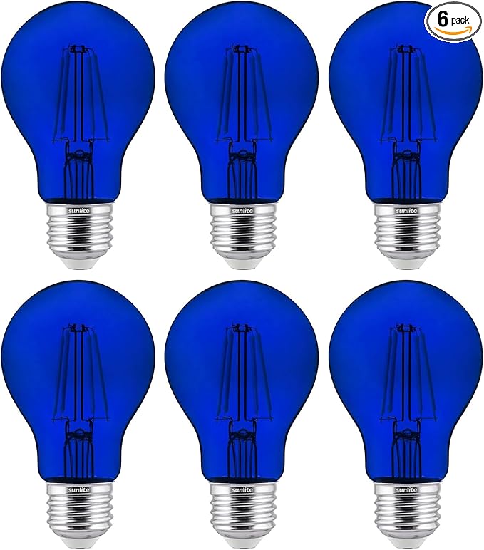 Sunlite 40940 LED Colored Filament A19 Light Bulb, 4.5 Watts, Medium E26 Base, 120 Volts, Transparent Blue, Dimmable, 320 Degree Beam Angle, UL Listed, 6 Count