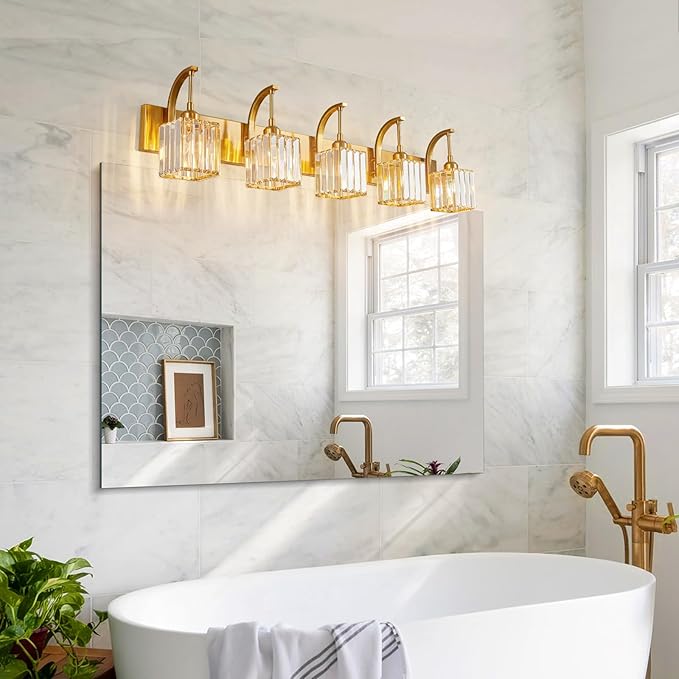 5-Light Crystal Vanity Light, Modern Gold Bathroom Wall Sconce with K9 Crystal Shades, 42.51" Long Over Mirror Lighting for Vanity, Makeup, Hallway, Elegant & Easy Installation