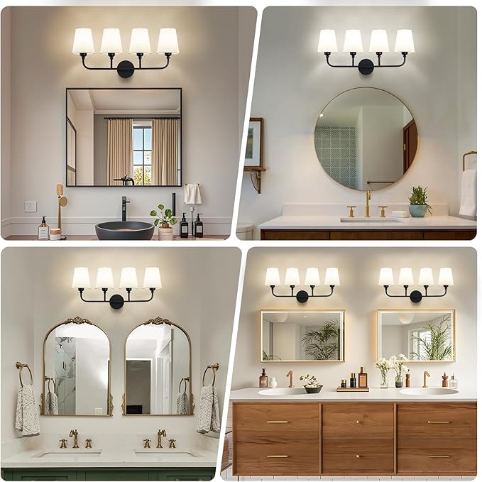 Matte Black Bathroom Light Fixtures, 4-Light Vanity Lights, Bathroom Lighting Fixtures Over Mirror with Flared White Fabric Shade, Modern Wall Sconce for Mirror Hallway Bedroom Living Room(ETL Listed)