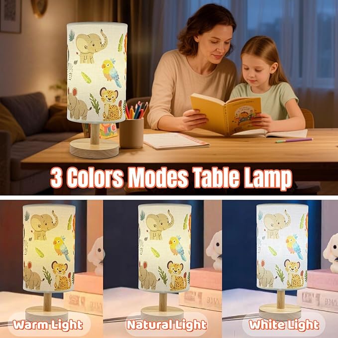 Kids Table Lamp-Night Light for Boys Room,3-Color LED Desk Lamp with Baby Elephant Zebra Giraffe Tiger Pattern Bedside Lamp Safari Animal Lampshade and Wood Base for Living Nursery Child Room Study