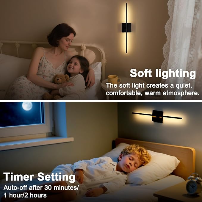 Battery Operated Wall Sconces Set of Two, Dimmable Wall Sconce with Remote Control, Rechargeable LED Wireless Wall Light for Bedroom, Living Room, Hallway, 350° Rotate, 26.7 Inch, Black(2 Pack)