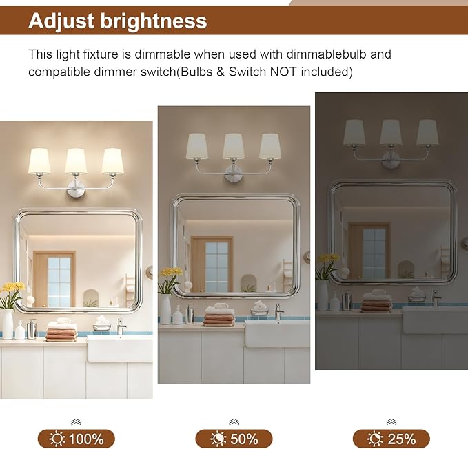 Brushed Nickel Bathroom Light Fixtures,3-Light Vanity Lights,Bathroom Lighting Fixtures Over Mirror with Flared White Fabric Shade,Modern Wall Sconce for Mirror Hallway Bedroom Living Room(ETL Listed)