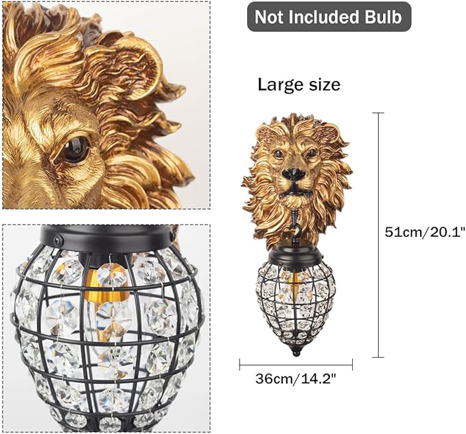Lion Head Wall Decor Sconces Wall Lighting Retro Baroque Crystal Sconce Gold Luxury Wall Lights Fixtures for Living Room Bedroom Bedside Stairs Bathroom Mirror Headlights Lamp, E26 (B)