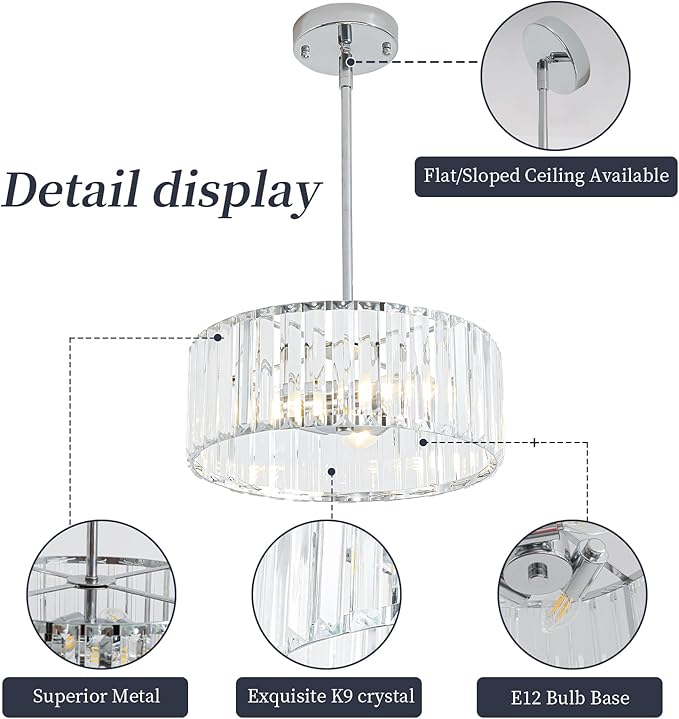 3-Light Modern Crystal Chandelier for Dining Room,Small Chrome Semi Flush Mount Ceiling Light Fixtures,12'' Round Kitchen Hallway Pendant Lighting Fixture for Entryway Foyer Laundry Room