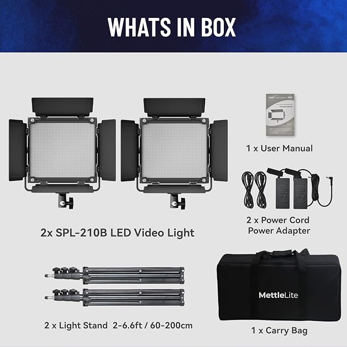 Mettlelite 2 Pack SPL210B Bi Color LED Video Light Kit with APP Control, 3200K-5600K, CRI TLCI 96+, Dimmable Photography Studio lighting with Barndoor,Diffuser, Light Stand and Carrying Case for Video