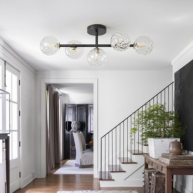 Modern Globe Glass Ceiling Light: 27 Inch Semi Flush Mount Light with Hammered Clear Glass Shade - 5 Lights Black Ceiling Lighting Fixture - Dimmable Linear Chandelier for Bedroom Living Room Entry