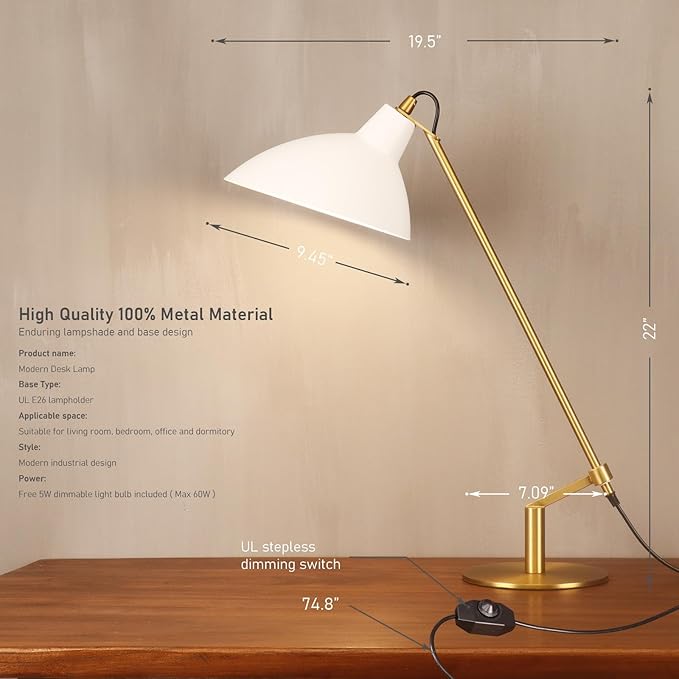 Desk Lamp Modern Industrial 100% Metal Table Lamp 22", Soft White Light (3000K) with Adjustable Switch, Ideal for Office Bedroom Study Room Living Room Nightstand Bedside Lamps White+Brass