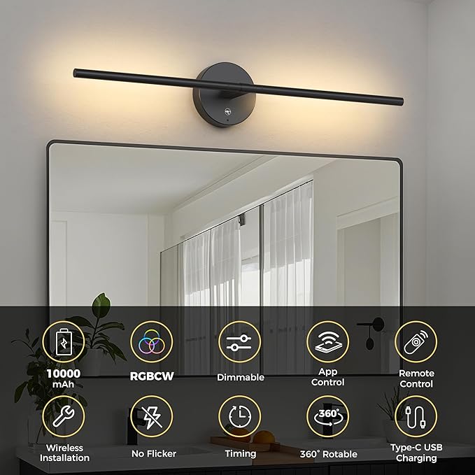 L LOHAS LED Battery Operated Wall Sconces Set of 2, Battery Wall Sconce 10000mAh, Black Rechargeable Sconces 3CCT + RGB, 23.5 Inch Wireless Wall Lights, Sconce Wall Decor for Bedroom, Living Room