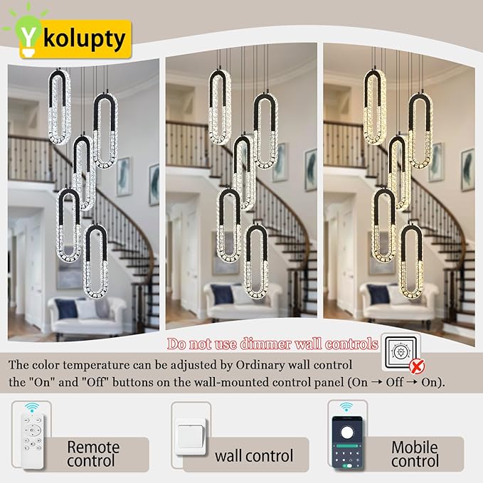 5-Lights Modern Crystal Chandelier for High Ceiling LED Dimmable Ring Pendant Chandeliers Stairwell Chandelier Lighting Black