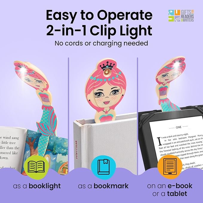Gifts for Readers & Writers Bookmark Reading Light Mermaid Teal - 2in1 Clip On Bookmark Kids Book Light for Reading Night in Bed, Travel Cute Book Lights, Flexible 8 Lumen LED Lights for Books