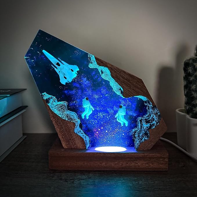 Space Resin Lamp - Handmade Galaxy Resin Night Light with USB Port, Variable Lights, Space Gifts for Adults, Astronaut Enthusiast Collectibles, Unique Birthday Gifts for Him & Her (10"x6")