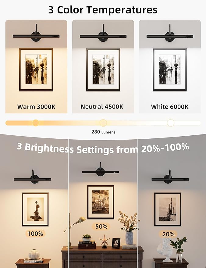 VOLISUN Picture Lights for Wall, 15.7'' Rechargeable Picture Light Battery Operated, 3 Color Temps Cordless Picture Light with Remote, Magnetic Art Light for Painting, Gallery, Portrait, 2 Pack(Black)