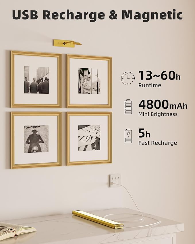 EZVALO Picture Light for Wall, 4800mAh Rechargeable Wireless Remote, 13in Dimmable Magnetic LED Art Display Light with 3 Color Temperatures, for Gallery, Living Room, Bedroom, Hallway (Gold)
