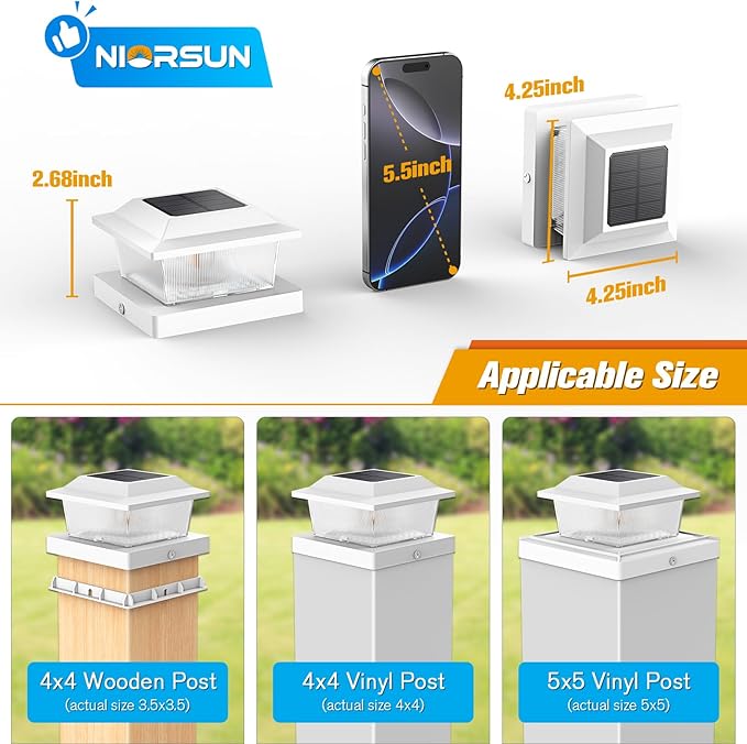 NIORSUN Solar Flame Post Cap Lights Outdoor Waterproof, 4x4 Post Solar Lights with Flickering Flame LED, Fence Posts Solars Light for Deck Patio Garden, 4x4 Posts Caps Wood Vinyl, 18 Pack (White)