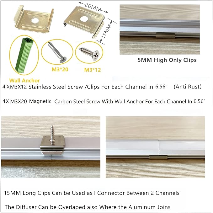 Recessed LED Strip Channel Diffuser 8-Pack 6.56FT,23.5X7MM Tape Aluminum Track with Flange,Flush Mounted Wardrobe Bookcase Wine Cabinet Groove Intergrated Low Profile (6.56FT, Silver, 8)