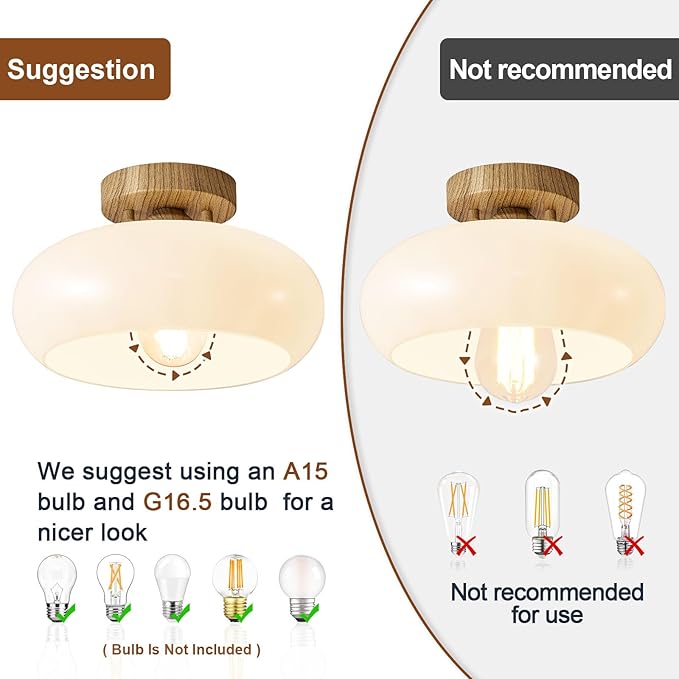 Mid-Century Modern Semi Flush Mount Ceiling Light, Faux Wood Kitchen Ceiling Light Fixture with Glass Shade, Mini White Close to Ceiling Lamp for Entryway Hallway Bathroom (11.0 Inch)