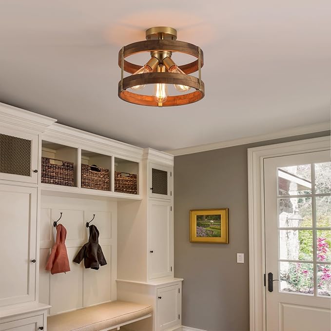 3-Light Rustic Farmhouse Wood Flush Mount Ceiling Light Fixture 12.59 inch Oak Wood and Metal Round Drum Semi Flush Mount Ceiling Light for Hallway Entry Bedroom Kitchen Hall Farmhouse, Antique Gold