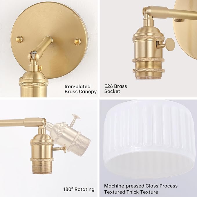 Vintage Battery Operated Wall Sconce with White Striped Glass Lampshade 5000 mAh Rechargeable Battery Powered Wall Light with Remote Control for Bedside Bedroom Doorway