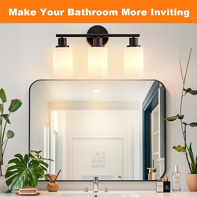 DLLT 3-Light Bathroom Light Fixtures: Black Modern Vanity Lights with E26 Bulbs - Milky White Glass Shade Bathroom Wall Lamp for Mirror Kitchen Living Room Hallway Cabinet Porch