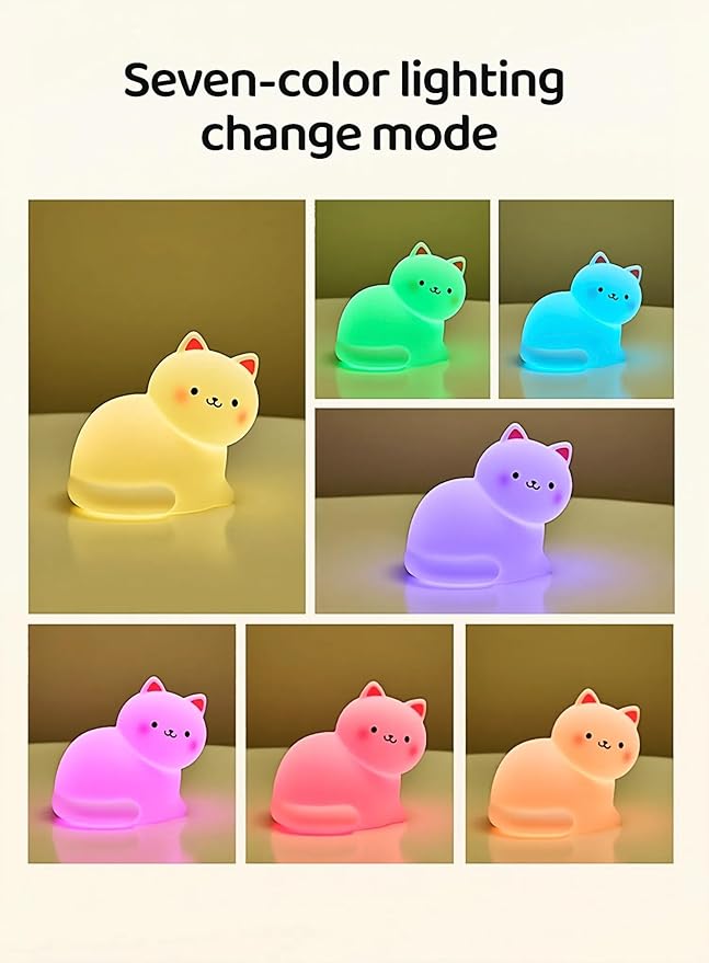 Night Light for Kids,7 Colors Cat Lamp,Cute Lamp Gifts ,Rechargeable Dimmable Silicone LED Nightlight,Timing Lamp for Nursery,Kawaii Cat Gift for baby,Portable,Birthday,Bedside Lamp,Kids Room Decor