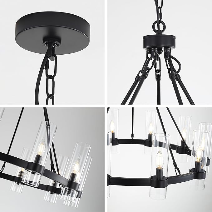 32 Inch Black Wagon Wheel Chandelier with Glass Shade, 10 Lights, Modern Farmhouse Style, Ideal for Dining Room, Kitchen, Entryways