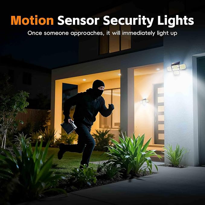 Solar Lights Outdoor 336 LED, Motion Sensor Security Wall Light with Remote, Split 4-Head Adjustable Design, 2400mAh Battery, Waterproof IP65 Garage, Driveway, Garden, Courtyard Lighting（1Pack