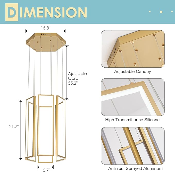 CHYING Gold Modern LED Staircase Chandelier, 6 Light 96W 6000K Cool White Long Chandelier for High Ceilings, Hanging Adjustable Pendant Light for Foyer Entryway Living Room