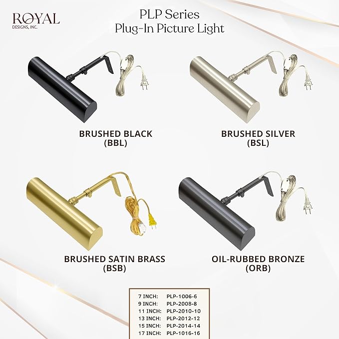 Royal Designs, Inc. Plug-in Picture Light, Gallery Lighting, 12 ft Cord with in-Line Hi/Low/Off Switch, PLP-2012-12-BN-2, Brushed Nickel, 12.75 Inches, Pack of 2