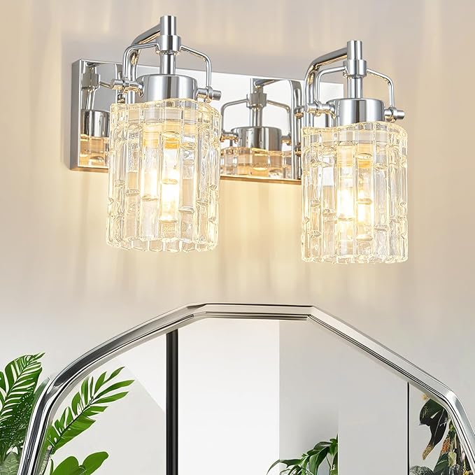 Bathroom Vanity Light 2-Light Modern Vanity Light with Crystal Glass Shade Chrome Bathroom Light Fixtures Over Mirror Crystal Vanity Lighting Fixtures