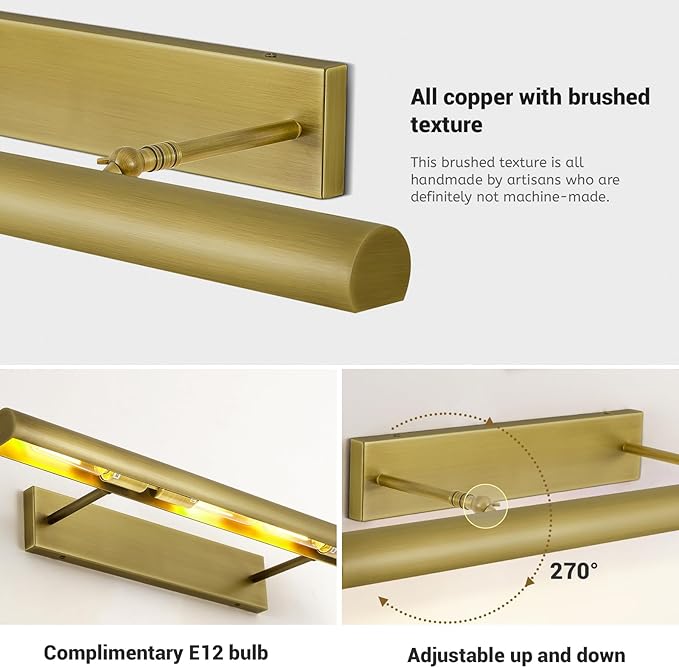 Brass Picture Light, 30in Brush Gold Picture Lights for Wall Hardwired, 4-Light 270°Dimmable Large Picture Lights, Linear Art Light for Painting Display Artwork Portrait