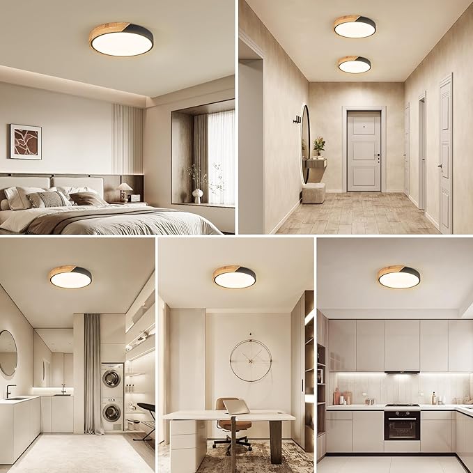 Modern LED Ceiling Light for Bedroom: Minimalist Wood Flush Mount Ceiling Light Fixture with Acrylic Lampshade - 4500K Not Dimmable Overhead Ceiling Lamps for kitchen hallway living room (11.8" Black)