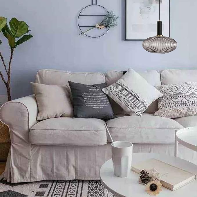 Pendant Light Black Lamp Holder and Glass Striped Light Shade Modern Pendant Lighting for Kitchen Island Farmhouse Hanging Lights Fixtures (L, Grey)