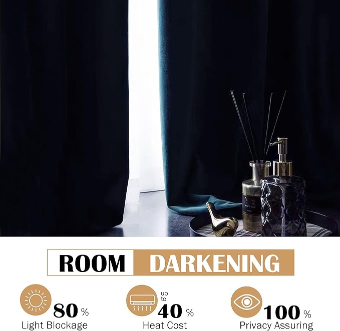Beauoop Lake Blue Velvet Curtains 72 Inches Long 2 Panels for Bedroom Living Room Soft Luxury Room Darkening Thermal Insulated Soundproof Rod Pocket Window Treatments Drapes, 52X72 Set of 2