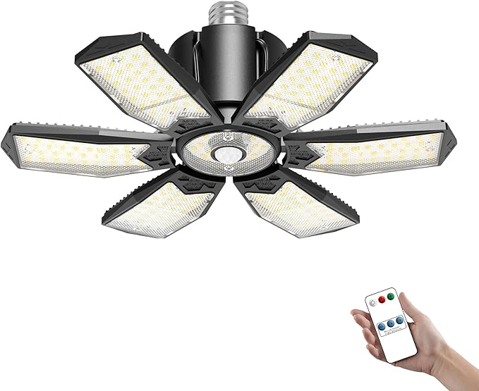 Motion Sensor Garage Light 200W 20000LM, Deformable LED Ceiling Light with Remote Control & Timer Setting - 6500K Motion Activated Light Indoor Bulb for Basement/Workshop