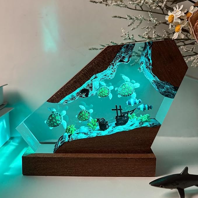 Sea Turtle Ocean Resin Lamp - Handmade Resin Night Light with USB Port, Variable Lights, Sea Turtle Gifts for Women and Men, Ocean Enthusiast Collectibles, Unique Birthday Gifts for Him & Her (10"x6")