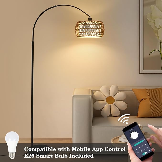 Arc Floor Lamps for Living Room with 3 Color Temperatures, Black Standing Lamp with Remote & Dimmable LED Bulb, Rattan Boho Floor Lamp, Farmhouse Tall Lamp for Bedroom, Over Couch Arched Reading Light