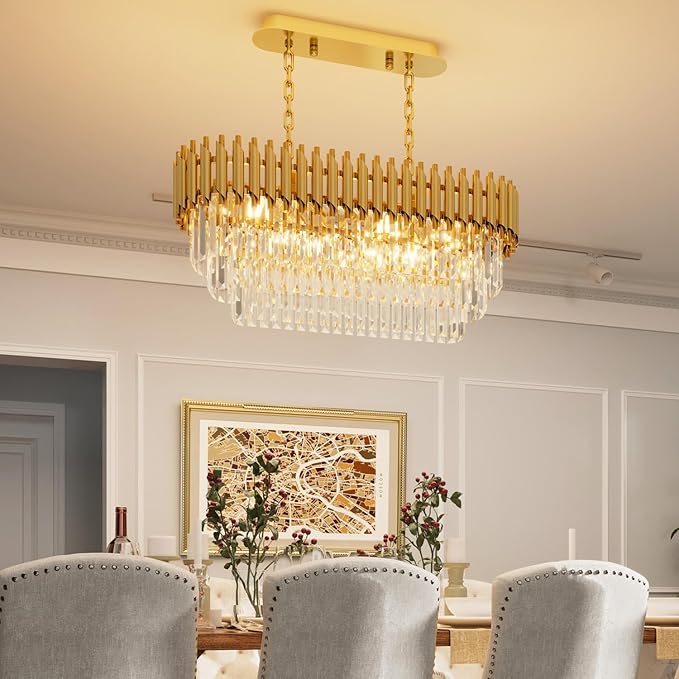 31.5" 8-Light Modern Gold Crystal Chandelier, Luxury Rectangular Raindrop Pendant Light Fixture for Dining Room, Kitchen Island, Living Room, Farmhouse Ceiling Lighting