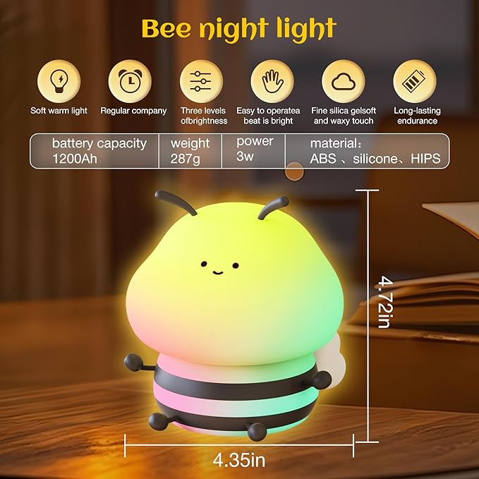 Bee Night Light For Kids, Squishy Lamp, Animal Night Light, 3 Levels Of Brightness,Kids Lamp Color Changing,7colors Kawaii Touch Lamps For Bedroom, portable Light, Nursery Nightlight, Baby Gifts