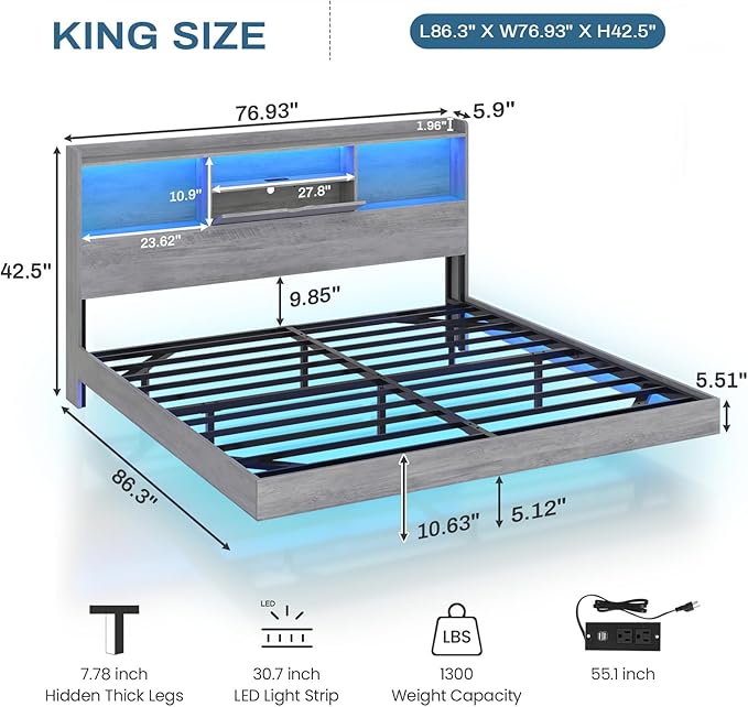 DICTAC King Floating Bed Frame with LED Lights and Headboard Storage, Visual Floating Bed with Charing Station, King Size Metal Platform Bed with Stable Structure, No Box Spring Need, Easy Assembly