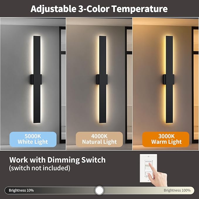 2 Pack LED Modern Outdoor Wall Lights Dimmable 3-Color Temperature 23.6in Exterior Lighting Fixtures IP65 Waterproof Outside Lights for House Hallway Garage Patio