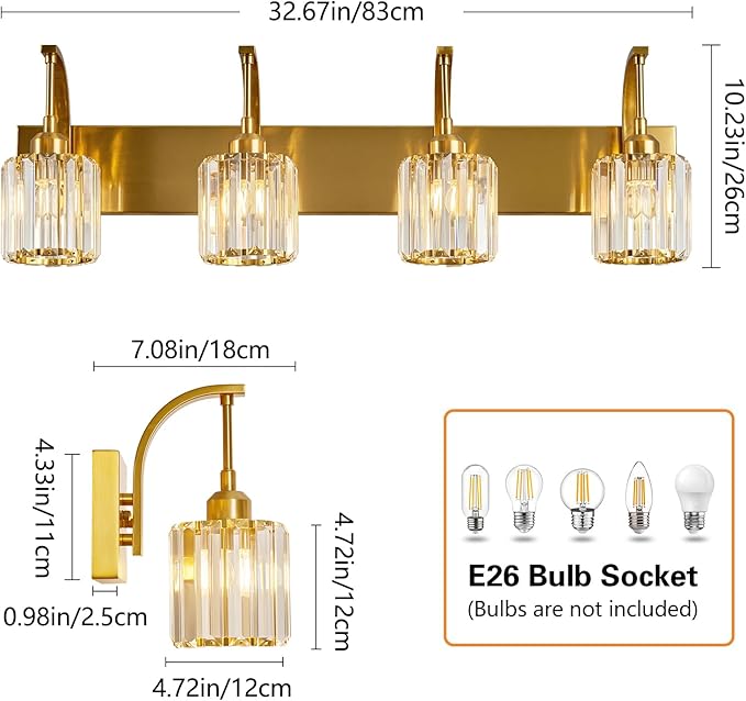 4-Light Crystal Vanity Light, Modern Gold Bathroom Wall Sconce with K9 Crystal Shades, 32.67" Long Over Mirror Lighting for Vanity, Makeup, Hallway, Elegant & Easy Install