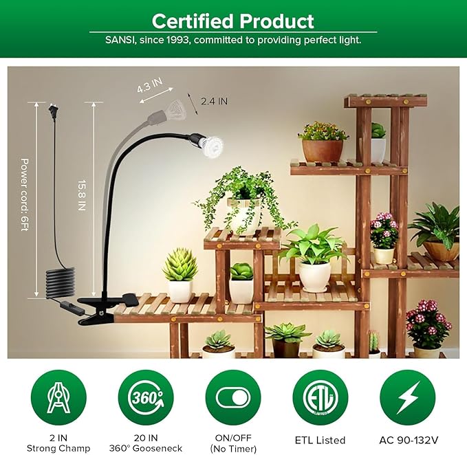 SANSI LED Grow Lights for Indoor Plants, Lifetime Free Bulb Replacement 150W Full Spectrum Gooseneck Clip Plant Light with Optical Lens for High PPFD Growing Power, Grow Lamp