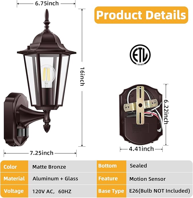 Lamomo Motion Sensor Outdoor Lights, Upgrade Dusk to Dawn Bronze Outdoor Light Fixture Wall Mounted, 100% Anti-Rust Aluminum Waterproof Porch Lights for Patio Front Door Garage