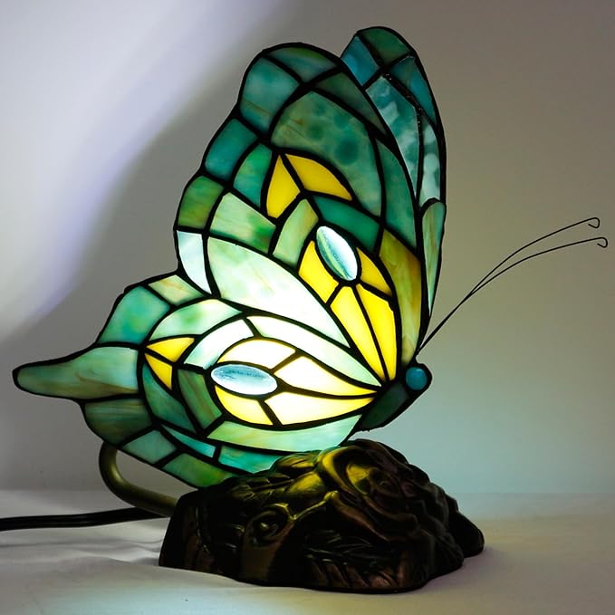 Small Tiffany Table lamp Stained Glass Butterfly Desk Lamp 7X5X9.8 Inch Accent Antique Light (Green Butterfly)