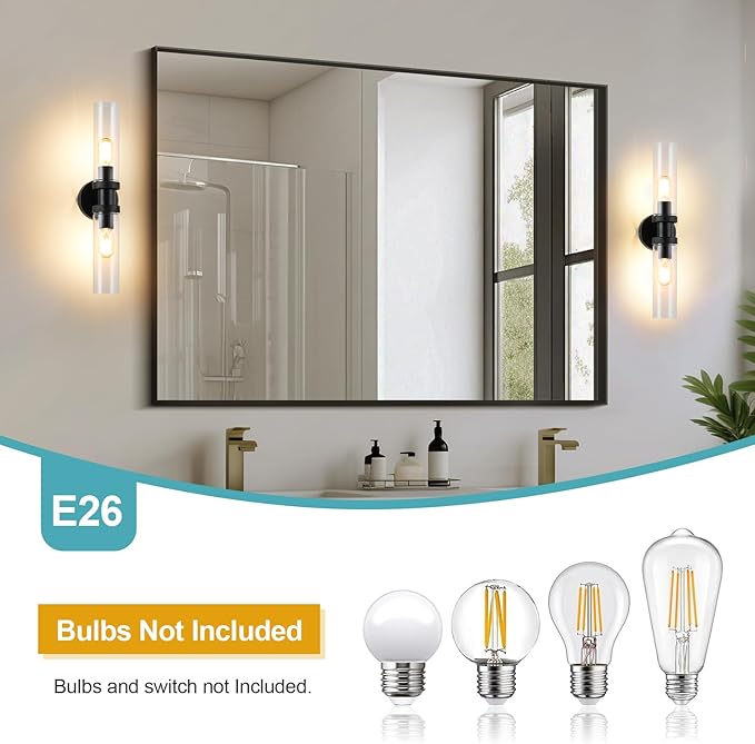 2 Light Vanity Light Side Mirror Farmhouse Bathroom Fixtures Black, E26 Wall Lamps for Bedroom, Industrial Lighting, Modern Lights With Glass Shade