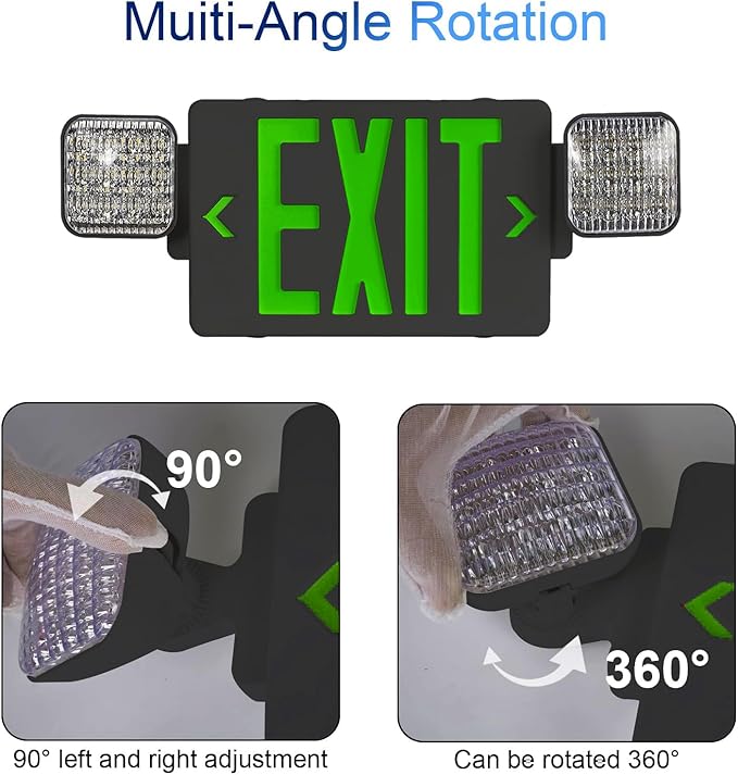 CM MZY Black Housing Exit Sign with Emergency Light, Green Exit Signs with Battery Backup, Exit Light Combo for Business, Two Adjustable Square Head,US Standards,UL Certified, 120V/277V AC, 2 Pack